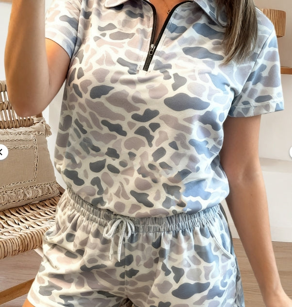 Camo Polo Collar T-Shirt and Shorts Set